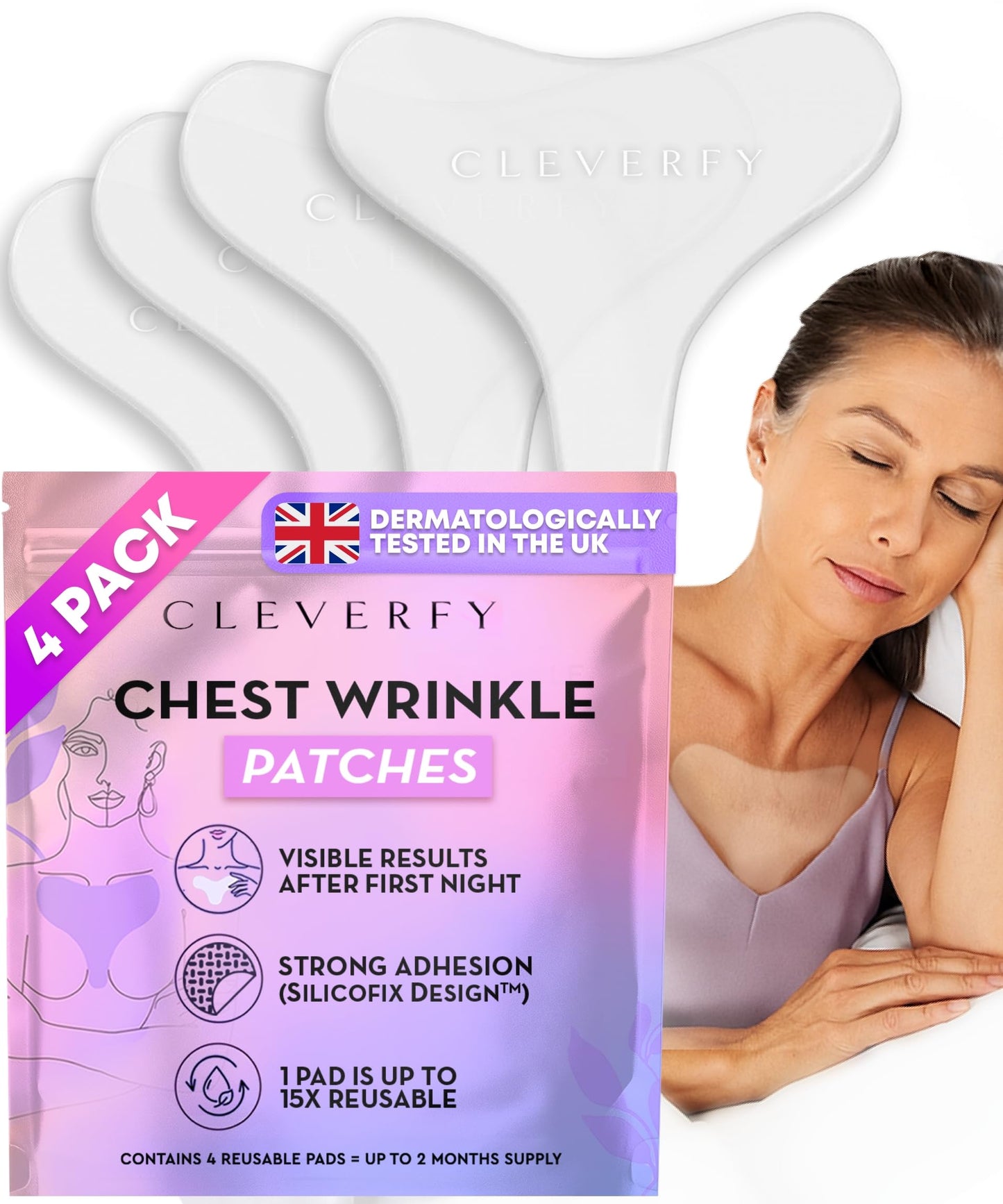 CLEVERFY Silicone Chest Wrinkle Patches for Side Sleeping – Reusable Décolleté Anti-Wrinkle Chest Pads for Overnight Line Prevention (4 Pack, T-Shape)