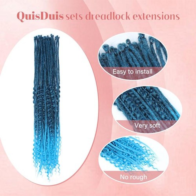 Quiduis 30 Inch 30 Strands SE Dreadlock Extensions,3 In 1 Mixed Synthetic Dreads Extensions,Black to Blue Curly&Straight&Boho Single Ended Dreads Extensions Hippie Style Dreadlock for Women