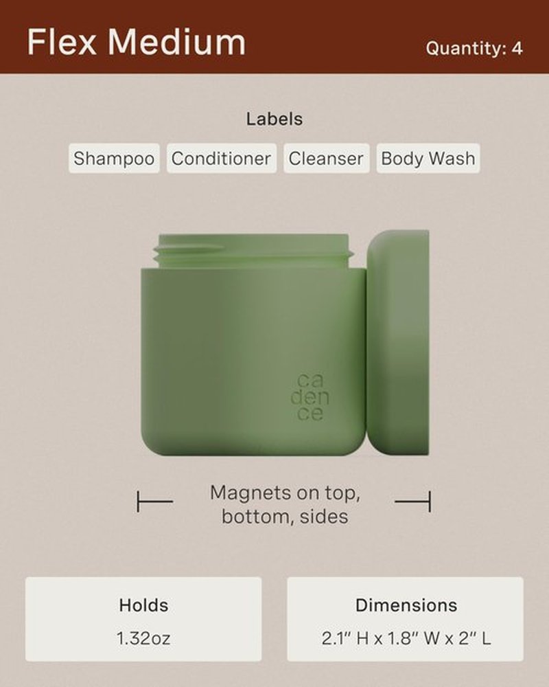 Cadence Travel Containers - Daily Routine Capsule Set - Magnetic Travel Capsules - For Shampoo, Conditioner, Body Wash, Pills, and More - 4 Flex Mediums (1.32oz) & 3 Flex Smalls (0.56oz) - Sand