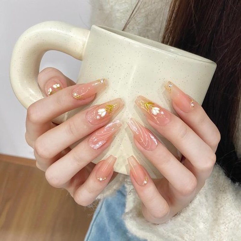 Wsliana Handmade Press On Nails - Medium Length Coffin Shape in Soft Pink with 3D Tulip Design and Plaster Line Sketch, 10pcs Glue On Acrylic Fake Nails with Storage Box (055 S)