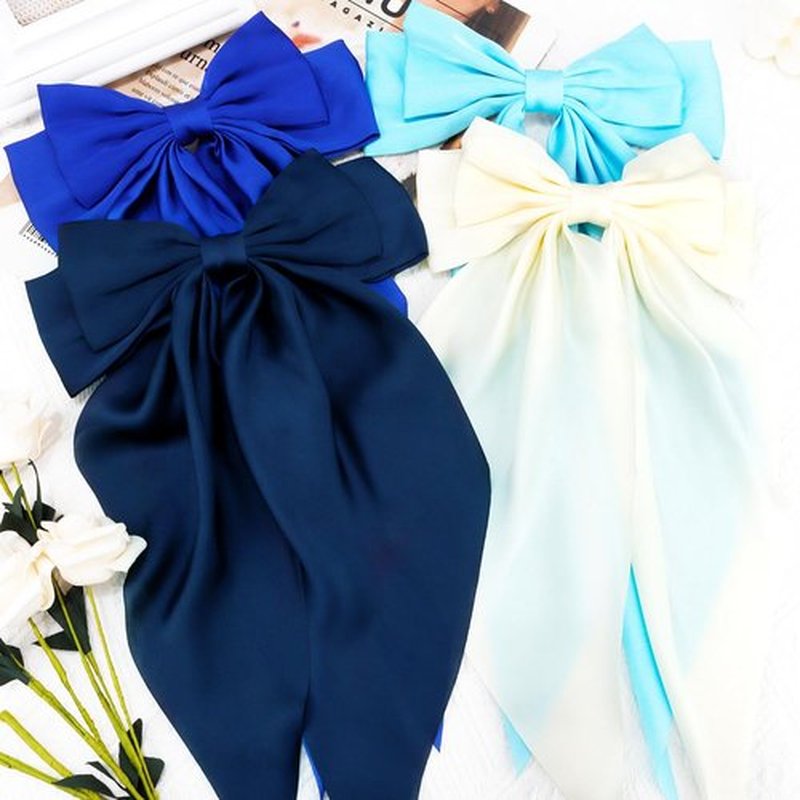Atoden Blue Hair Bows Silky Satin Bows for Hair Ribbons 4Pcs Coquette Oversized Long Tail Hair Bow Clips Barrettes Big Bowknot Hair Accessories for Women Girl Trendy Stuff Gifts (Beige, Blue)