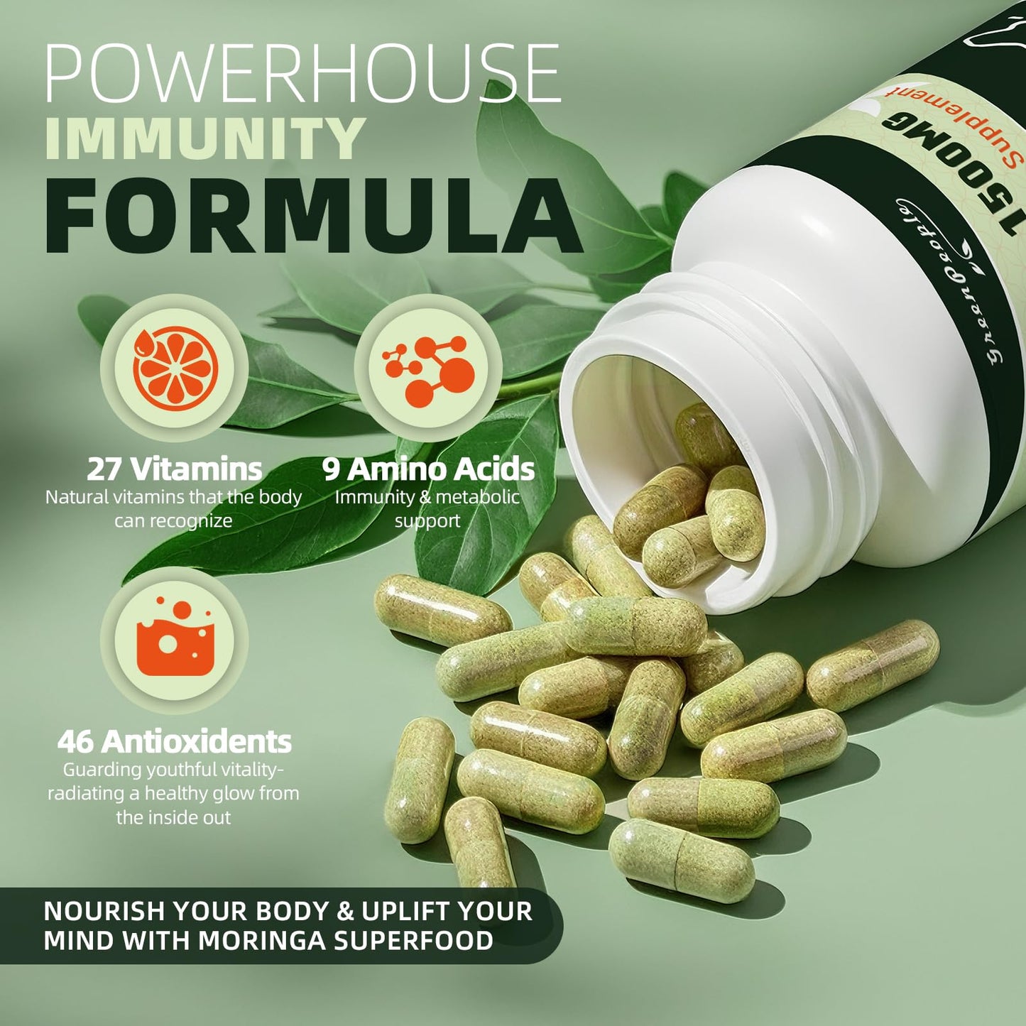 GREENPEOPLE Whole-Leaf Moringa Capsules 1500mg - High Potency 10:1 Moringa Oleifera Leaf Extract - Natural Green Superfood for Energy & Immune Support - Vegan, Non-GMO, Caffeine Free - 180 Count