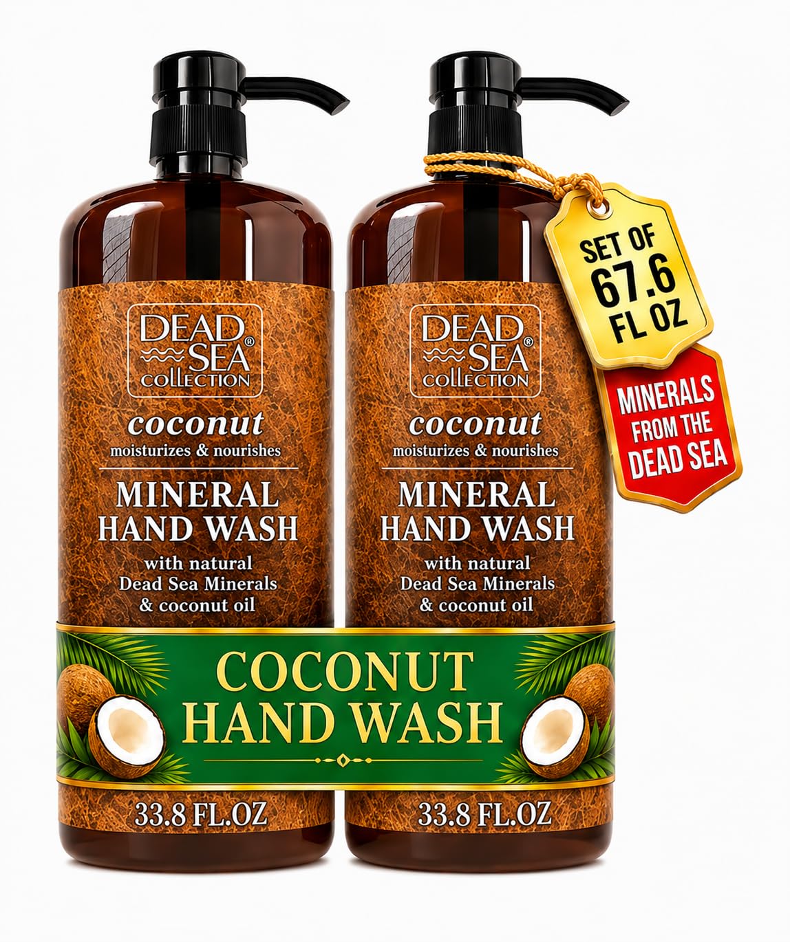 Dead Sea Collection Hand Soap Pump Coconut - Hand Wash Liquid with Dead Sea Minerals and Coconut Oil - All Skin Types Moisturizing & Nourishing - Pack of 2 (33.8 Fl Oz Each) - 67.6 Fl Oz