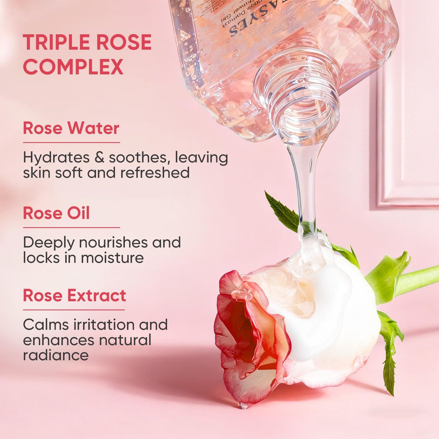 Easyes Rose Essence Body Wash for Women, Damask Rose Shower Gel with Real Rose Petals, Natural Moisturizing Hydrating Bodywash with Hyaluronic Acid, Ceramides & Coconut Oil Rich Floral Fragrance 14 oz