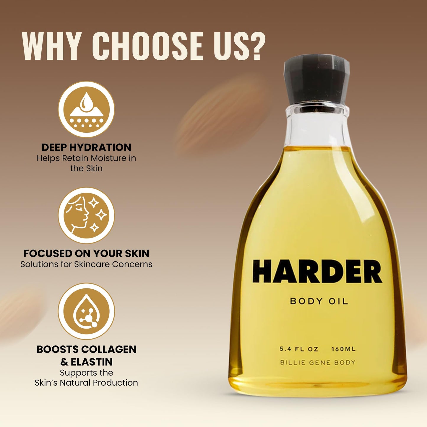 Billie Gene Body Harder Body Oil – Silky Nourishing Moisturizer with Jojoba & Shea Butter – Vegan and Cruelty-Free – Warm Woody Sandalwood & Leather Fragrance for Soft Glowing Skin 5.4oz