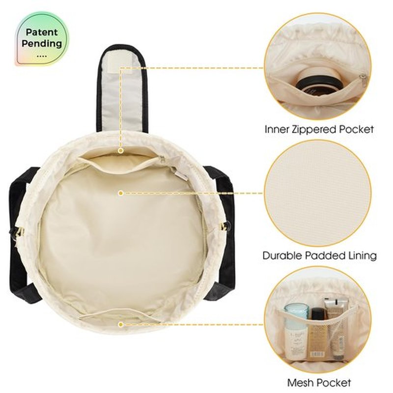 Barrel Drawstring Makeup Bag Large Cosmetic Bag Make up Bags Women Toiletry Organizer for Travel Toiletries Accessories Essentials (Black) (Patent)