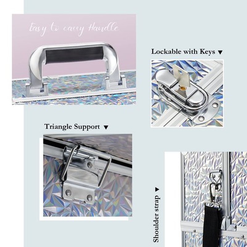 Joligrace Makeup Train Case Large 6 Tray Professional Organizer Box - Cosmetic Make Up Carrier with Lock & Key Carrying Strap for Studio Artist & Stylist Silver - Holographic Iridescent Style