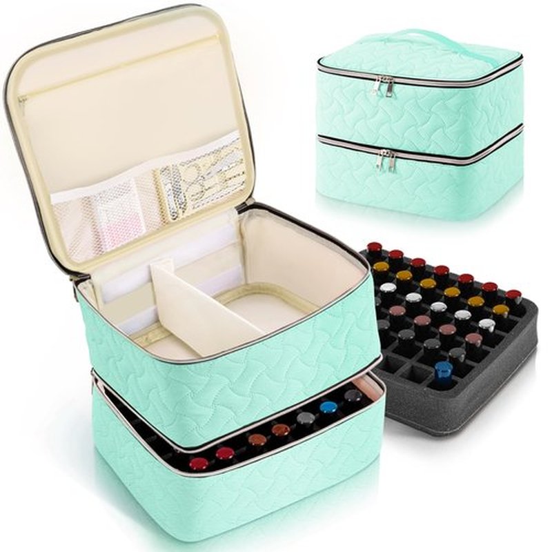 Nail Polish Organizer Case Holds 42 Bottles (15ml/0.5 fl.oz), Double-Layer Nail Polish Storage with Adjustable Dividers, Portable Nail Polish Bag for Nail Gel Nail Lamp and Manicure Tools, Green