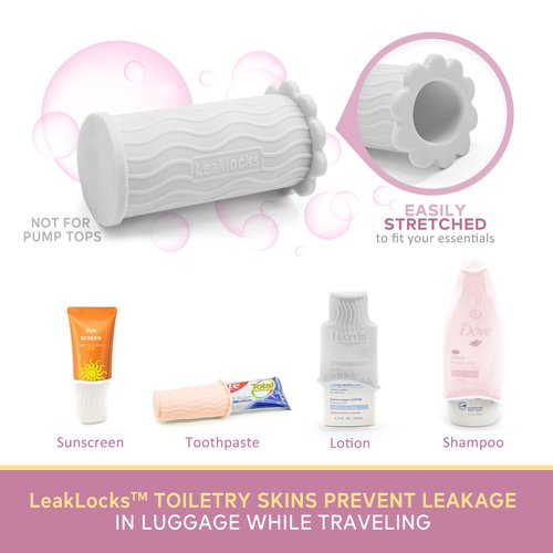 LeakLocks® Toiletry Skins™ Elastic Sleeve for Leak Proofing Travel Container in Luggage. For Standard and Travel Sized Toiletries. Reusable Accessory for Travel Bag Suitcase and Carry-on Luggage