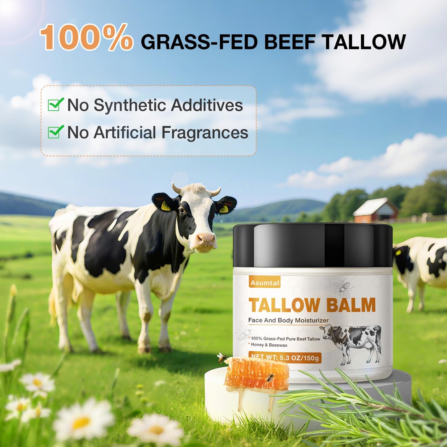 Asumtal Tallow and Honey Balm - Beef Tallow for Face & Skin Moisturizer, Deep Hydration for Dry & Sensitive Skin, Multi-Use Hydration for Night Cream & Full Body Care (5.3 Oz)