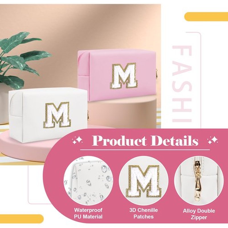 Small Personalized Initial A-Z Preppy Patch Makeup Bag,White PU Chenille Letter Travel Cosmetic Pouch with Zipper,Cute Toiletry Bag,Gift Ideal for Teen Girls Women Teacher Bridesmaid,Letter M