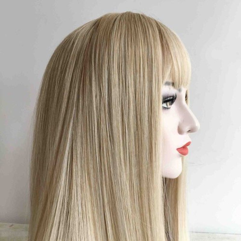 nevermindyrhead Blonde Ombre Long Straight Wig with Fringe Bangs, Heat Resistance Synthetic Wigs for Women 24 Inch