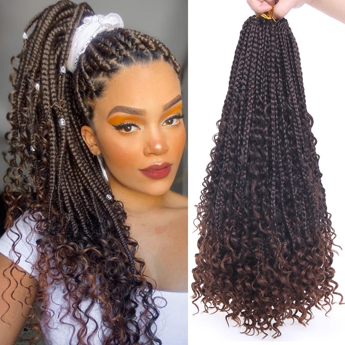 COOKOO 8 Pack Boho Box Braids Crochet Hair for Black Women 18 Inch Synthetic Goddess Box Braids Curly Ends Crochet Hair Pre Looped Ombre Brown Bohemian Afro Twist Braiding Hair T30#