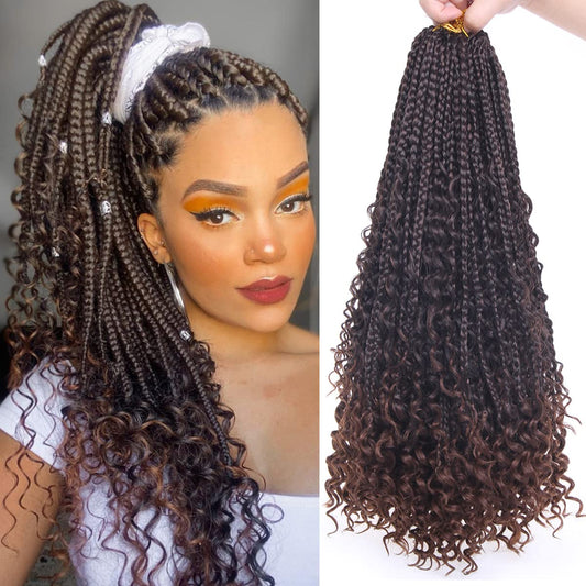 COOKOO 8 Pack Boho Box Braids Crochet Hair for Black Women 18 Inch Synthetic Goddess Box Braids Curly Ends Crochet Hair Pre Looped Ombre Brown Bohemian Afro Twist Braiding Hair T30#
