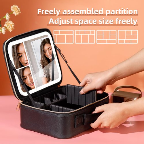 VANMRIOR Travel Makeup Bag with LED Lighted Make up Case with 3X 5X Magnification Mirror Cosmetic Makeup Box Organizer Vanity Case for Women Beauty Tools Accessories Case Rechargeable