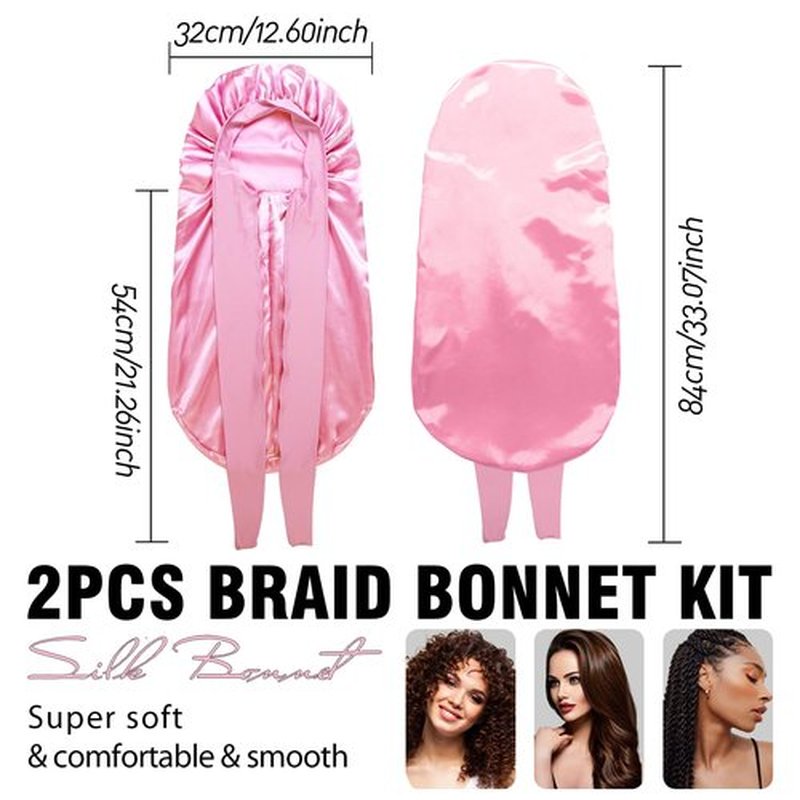 2Pcs Bonnets for Black Women Braid Bonnet, Large Long Bonnet Satin Bonnet for Braids,Black Women Silk Bonnet with Stretchy Tie Band Braid Bonnet for Sleeping Extra Long (Pink & Leopard)
