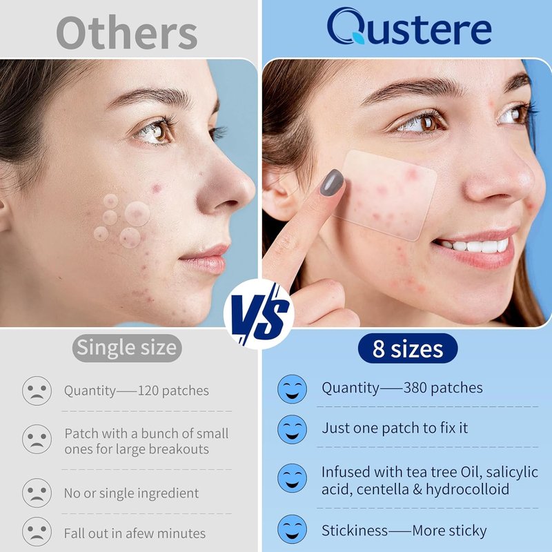 Large Hydrocolloid Acne Patches - QUSTERE Pimple Stickers with Tea Tree & Salicylic Acid | 8 Sizes | 380 Count