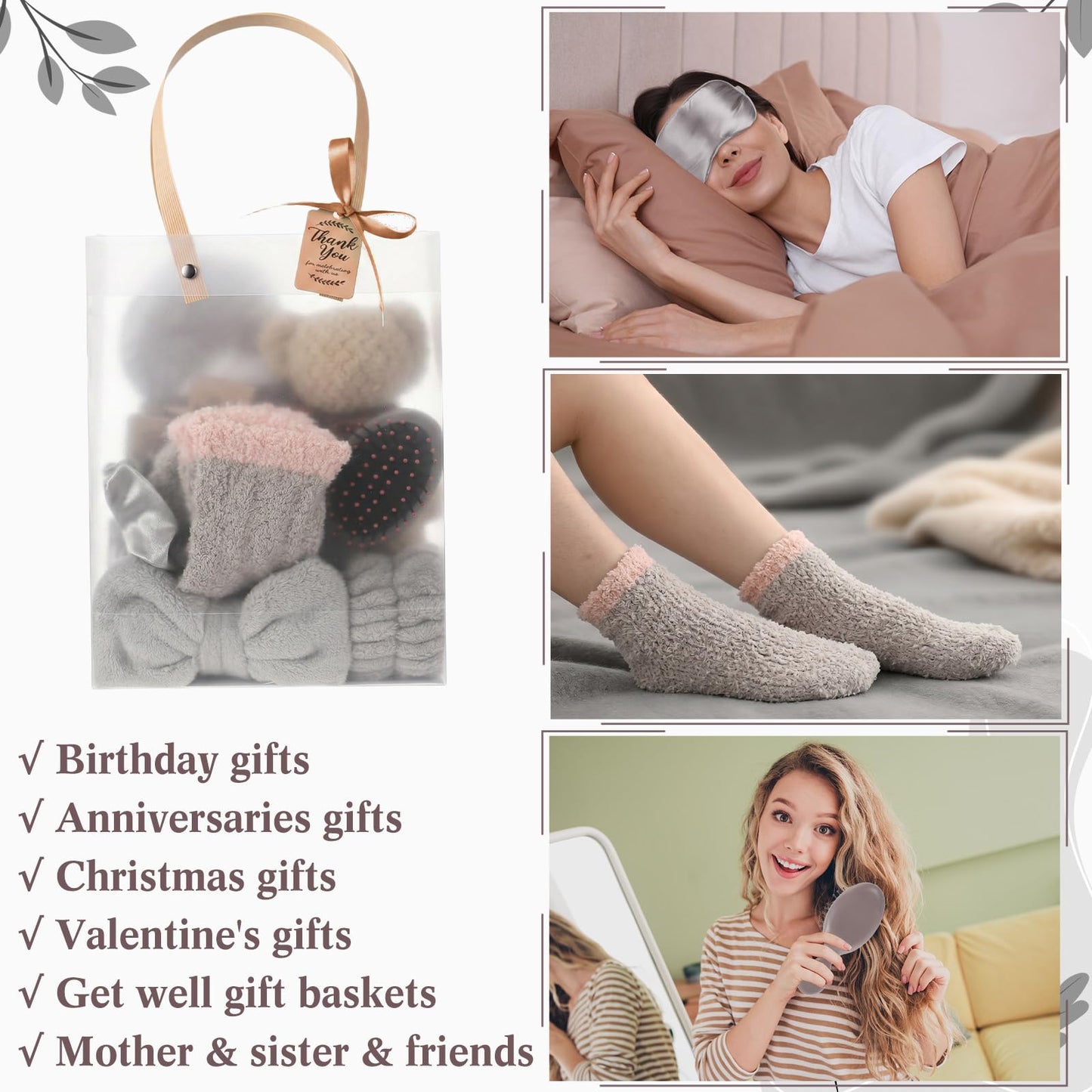 Rivvlive 6 Set Spa Gifts Bulk for Women, Sleepover Party Favors Supplies for Bridesmaid Bridal Shower Wedding Guests Baby Shower Birthday Gift with Towels Socks Hair Tie Clip Eye Masks(Light Brown)