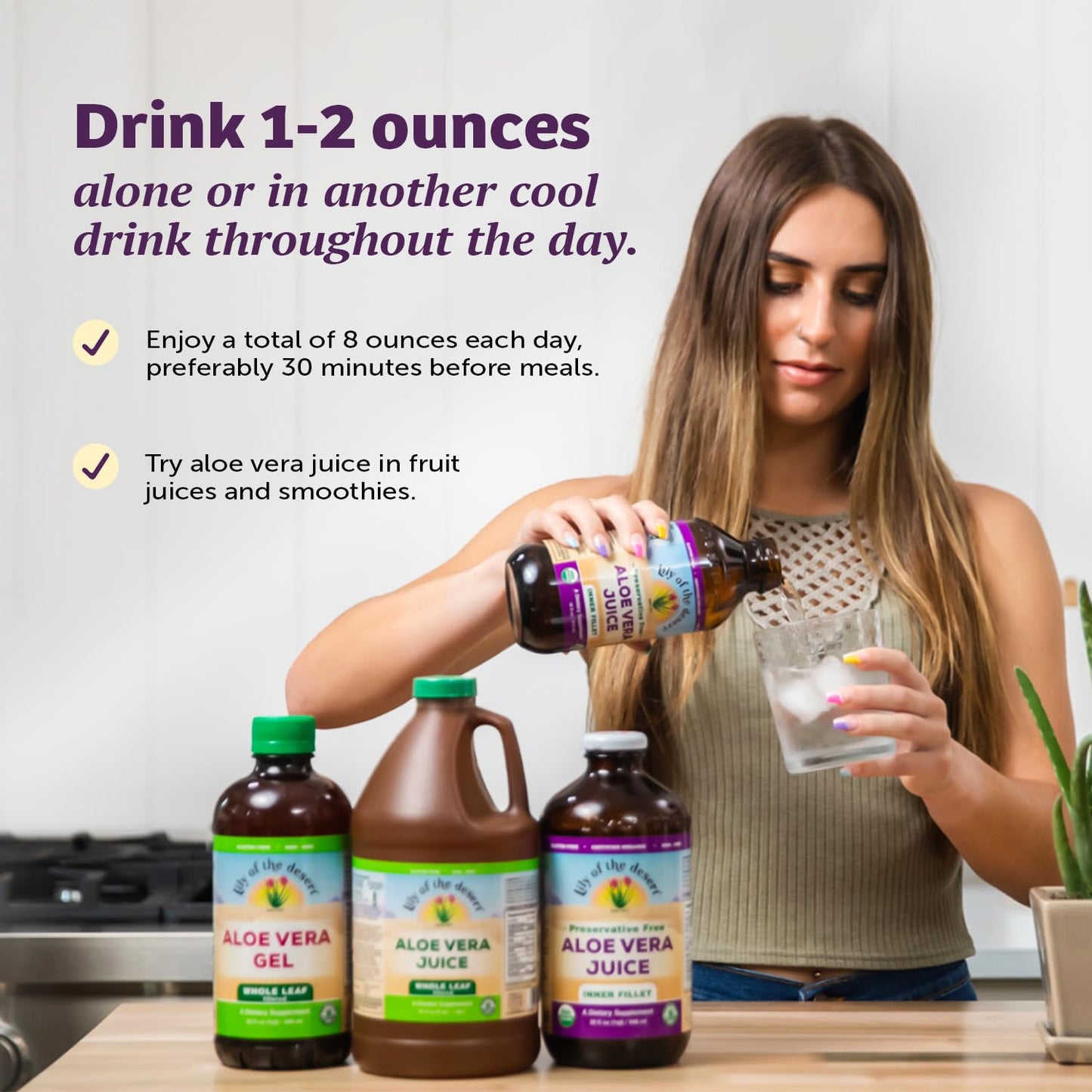 Lily of the Desert Aloe Vera Juice, Inner Fillet Filtered, Organic & Preservative Free – Natural Vitamins, Digestive Enzymes for Gut Health, Glowing Skin & Wellness, 16 Fl Oz