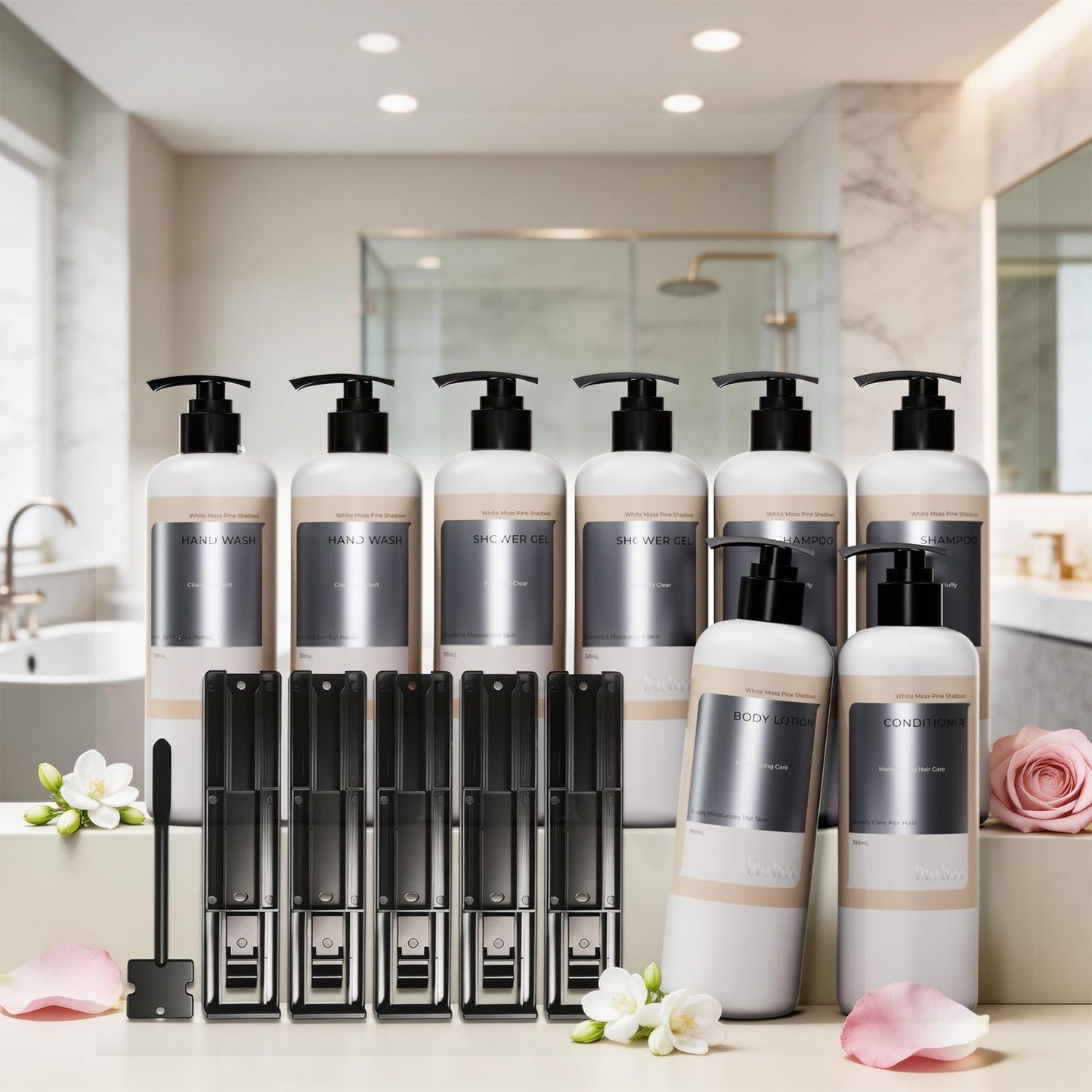OUSTANE Floral White Moss Pine Shadows Hotel Toiletries Amenities Set (8 Pack) Bulk Hotel Amenities- 2-Shampoo, 2-Body Wash, 2-Hand Wash, 1-Conditioner and 1-Body Lotion, With bracket
