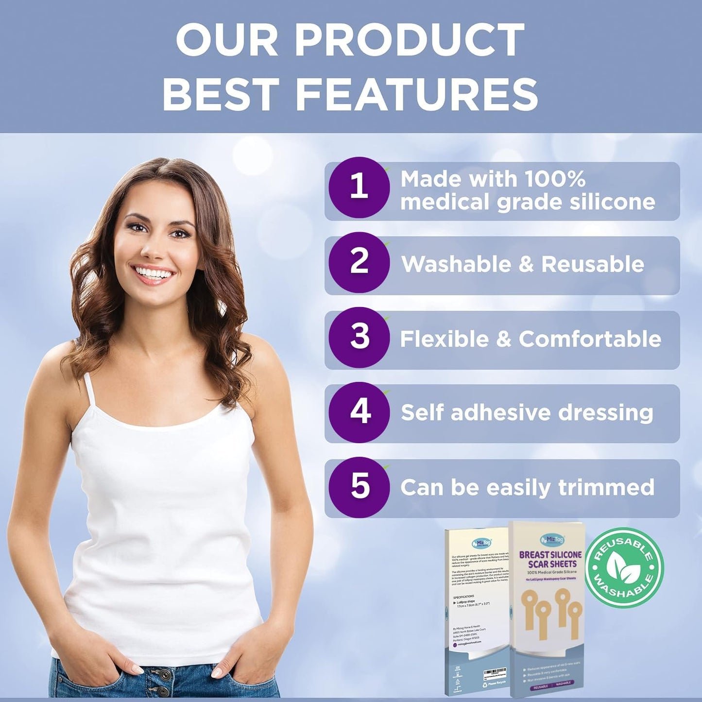 Silicone Scar Sheets for Breast Lift Mastopexy – Medical Grade Reusable Breast Surgery Scar Sheets – Soft Flexible and Comfortable Under Post-Op Bra