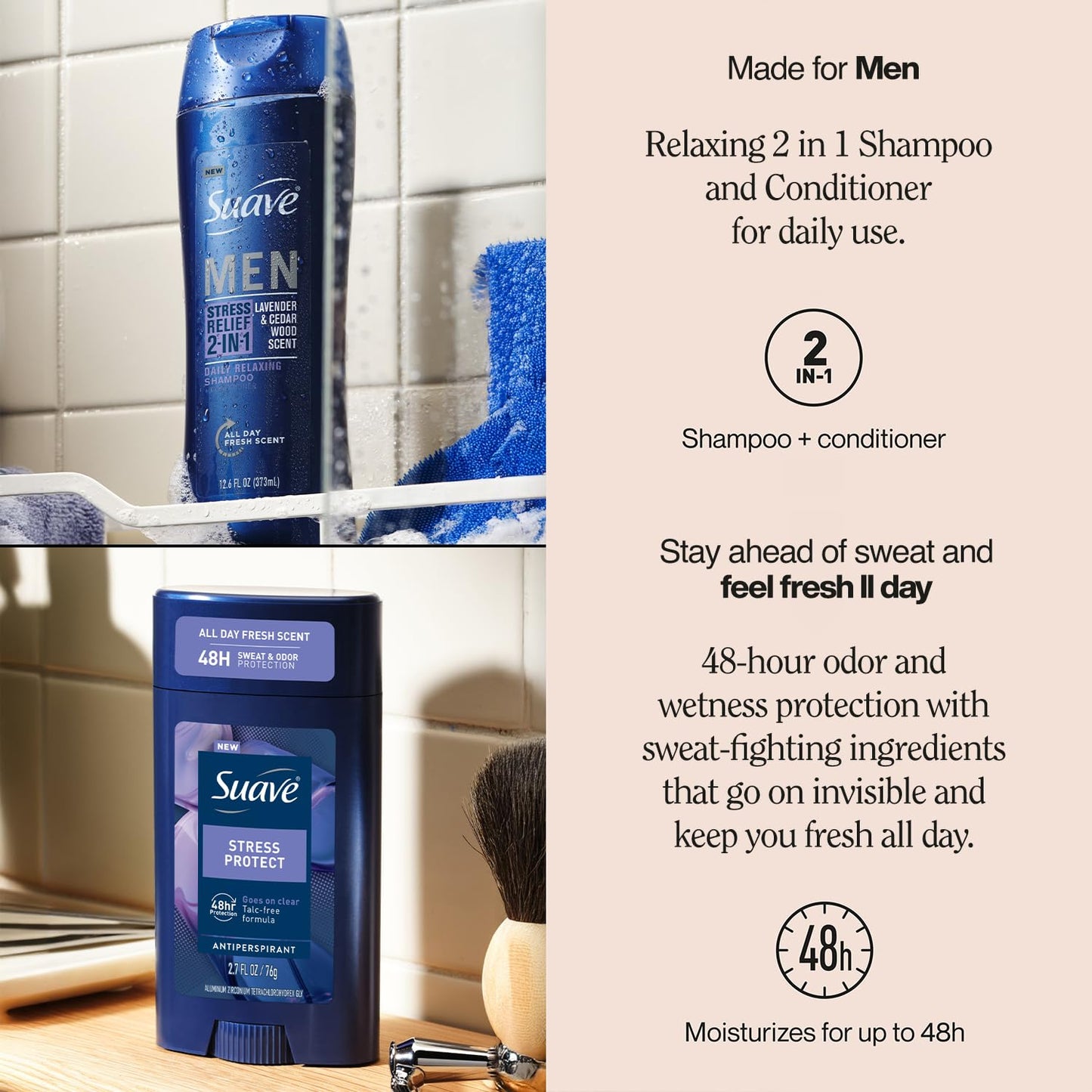 Suave Men’s 2-in-1 Shampoo and Conditioner, Stress Relief + Antiperspirant Deodorant for Men, Stress Protect, Lavender & Cedarwood, 48H Sweat & Odor Protection, 2.7 Oz Ea (2 Piece Set)