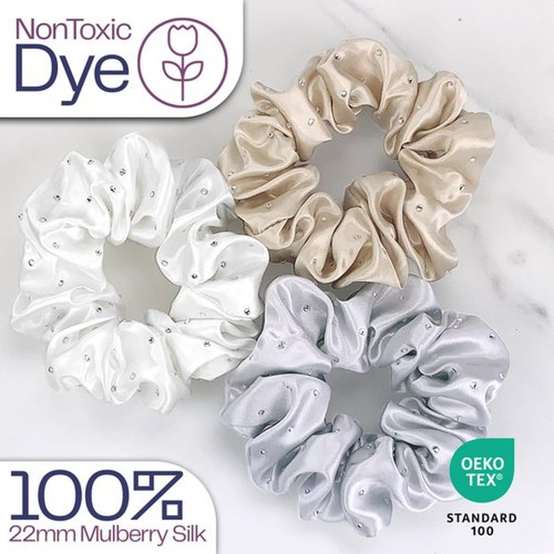 Celestial Silk Mulberry Silk Scrunchies for Hair (Silver, Taupe, Ivory with Rhinestones)