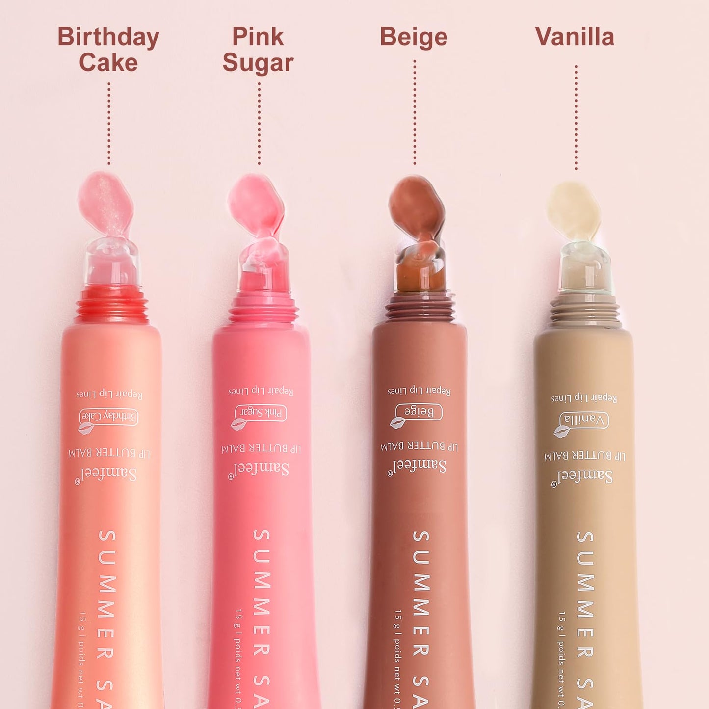 4 Pack Summer Samfeel Lip Balm Tinted Lip Butter Balm Gift Set -Conditioning Vegan Lip Balm for Instant Moisture, Shine & Hydration - Lip Gloss Lip Care (Pink Sugar+Birthday Cake+Vanilla+Beige, 15g)