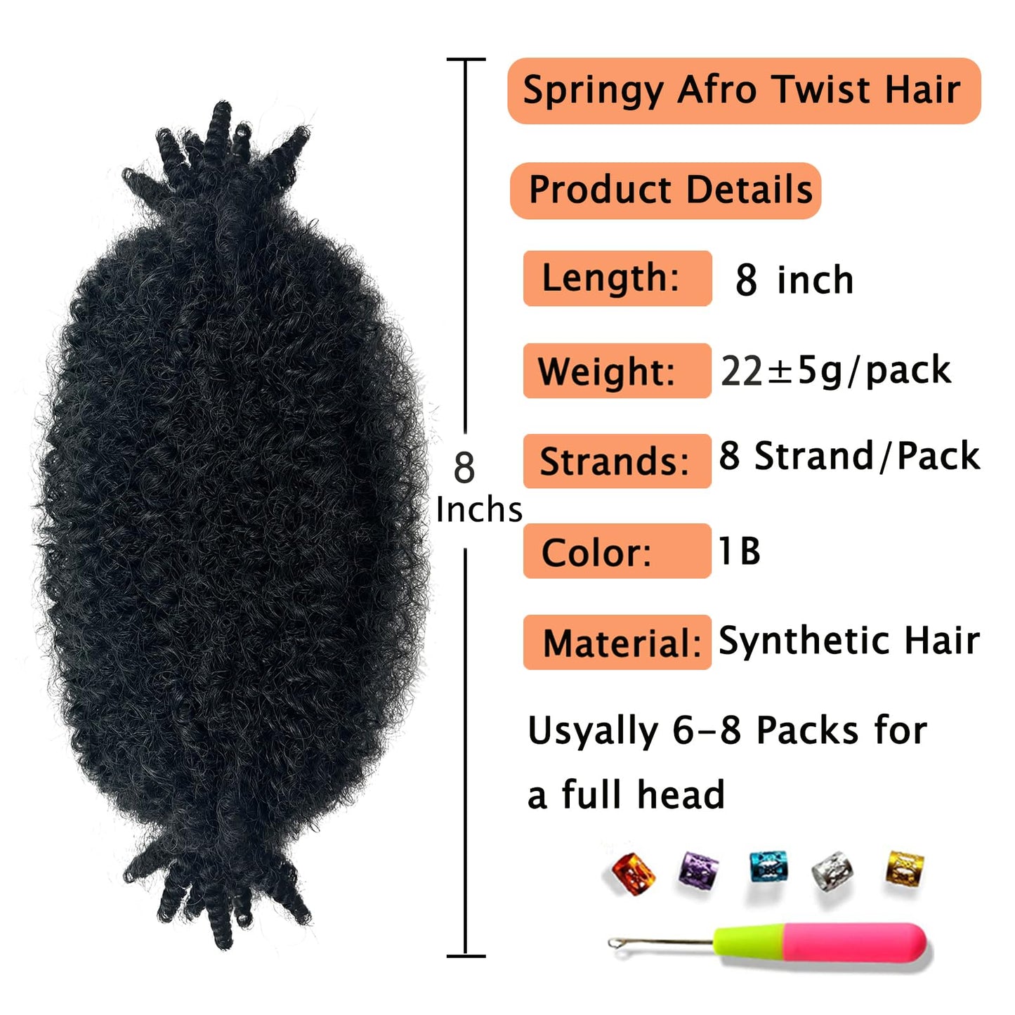 3 Packs Marley Twist Braiding Hair, Springy Afro Twist Hair Pre-Separated Kinky Twist Crochet Hair Braids for Distressed Soft Locs Spring Twist Hair for Girls (Natural Black, 8 Inch(Pack of 3))