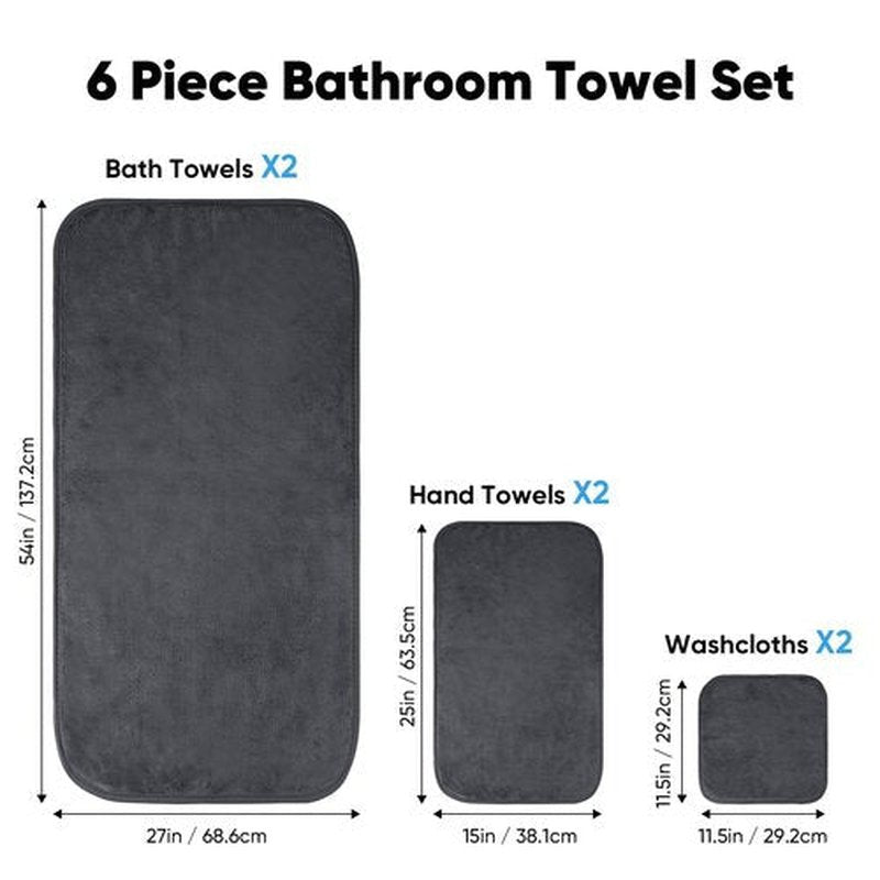 Orighty 6-Piece Towel Set - Soft & Lightweight - 2 Bath Towels, 2 Hand Towels, and 2 Wash Cloths - Absorbent & Quick Drying Microfiber Towel for Multipurpose, Bathroom, Gym, Sport, Yoga, Travel-Grey