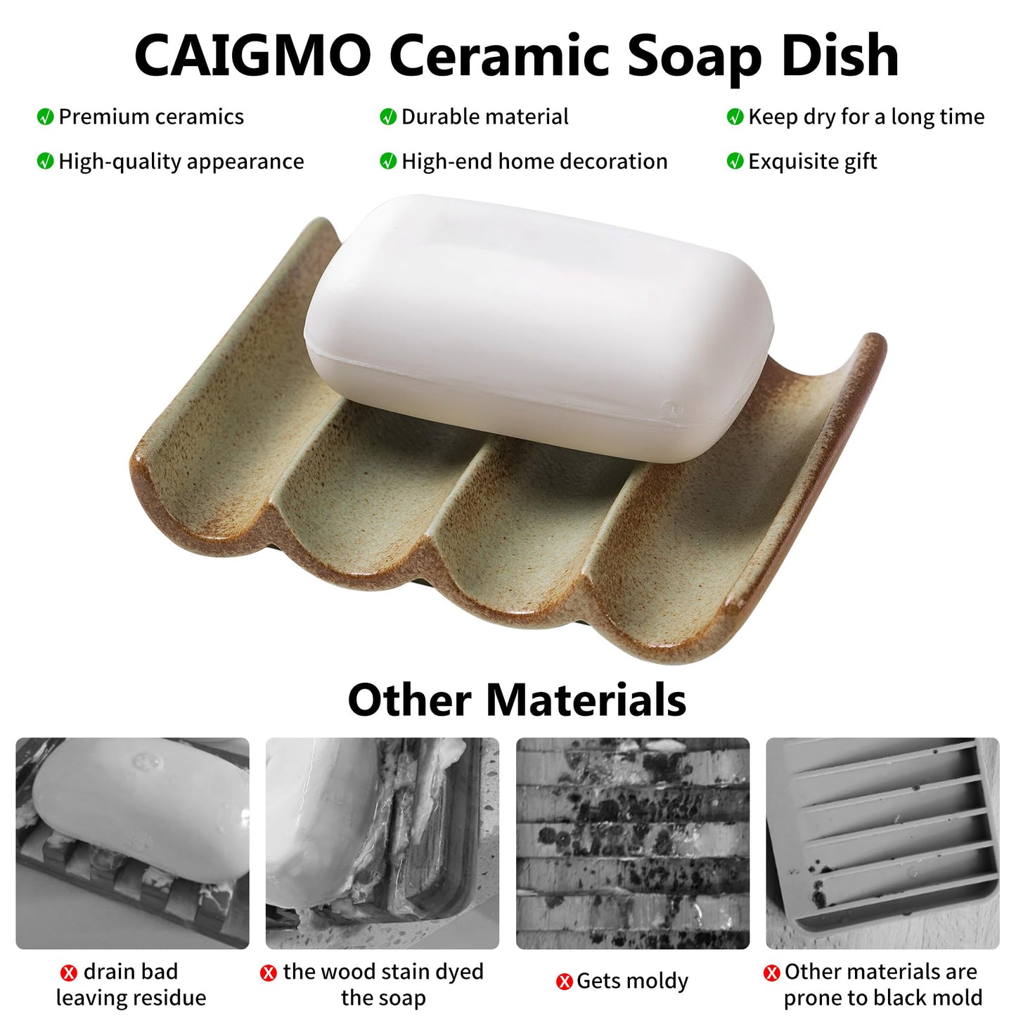 Soap Dish, Draining Ceramic Soap Holder Fluted Design Bar Soap Holder for Shower Bathroom, Soap Saver, Gift for Women Man, White 1 Pcs