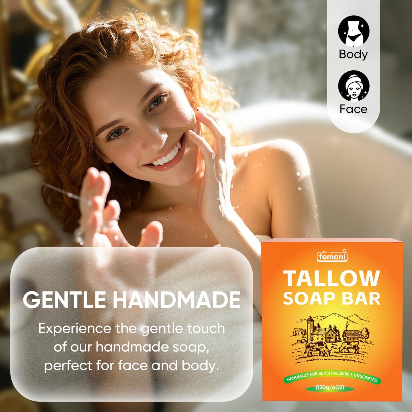 femani Beef Tallow Soap Bar - All Natural and Organic Grass Fed Tallow Soap Unscented - Moisturizes, Soothes, Hydrates Face & Body Wash Great for Itchy, Dry, Sensitive Skin, 4 oz