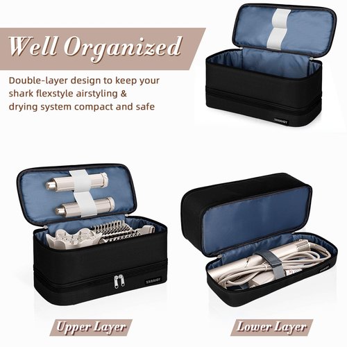 ZRRAJOY Double Layer Storage Case For Shark Flexstyle, Travel Carrying Case For Shark 430/440 Flexstyle, Organizer Bag For Shark Flexstyle/Dyson Airwrap Styler Attachments (Black)