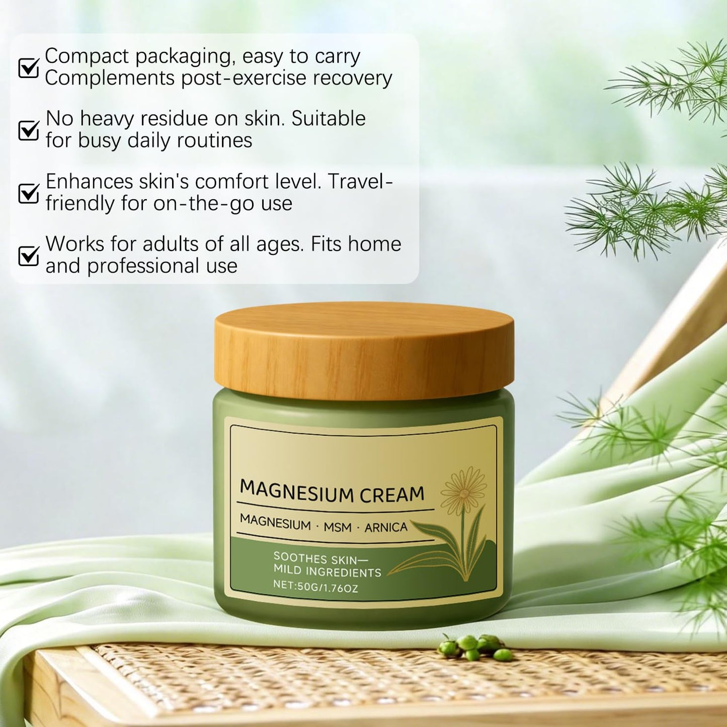 rexibuz 2Pcs Magnesium Cream with MSM & Arnica, Nerve Relief Magnesium Cream, Fast-Absorbing & Non-Greasy Hydrating Lotion, Gentle Formula for Skin Soothing, 50g/1.76oz