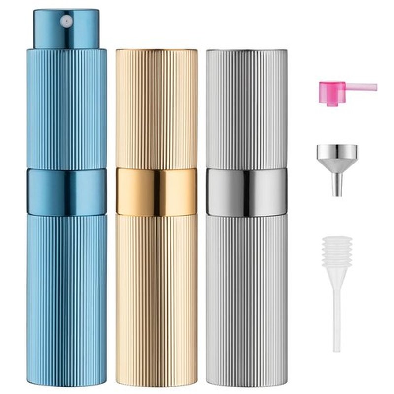 LISAPACK 8ml Stripe Perfume Atomizer Spray Bottle, 3pcs Travel Cologne Sprayer Refillable, Empty Mini Portable Perfume Dispenser (Silver, Gold, Blue)