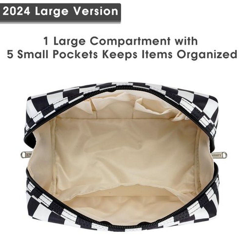 Narwey Large Checkered Makeup Bag Zipper Pouch Travel Cosmetic Bag Organizer for Women (Large, Black Checkerboard)