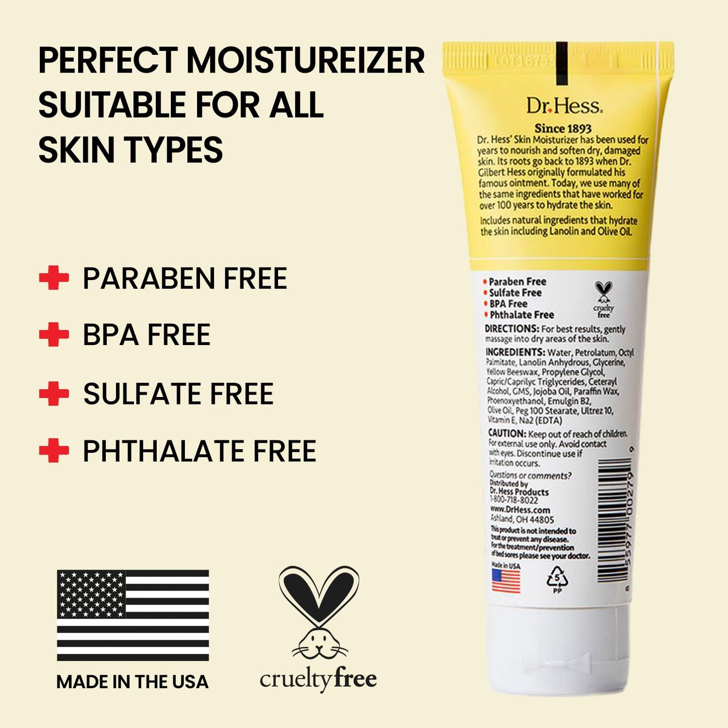 Dr. Hess Skin Moisturizer for Bed Sore Prone & Dry Skin, All Natural with Lanolin, Olive Oil, Jojoba Oil & Beeswax, Paraben & Sulfate Free, Hydrating Body & Face Cream, 4 oz, 2 Pack