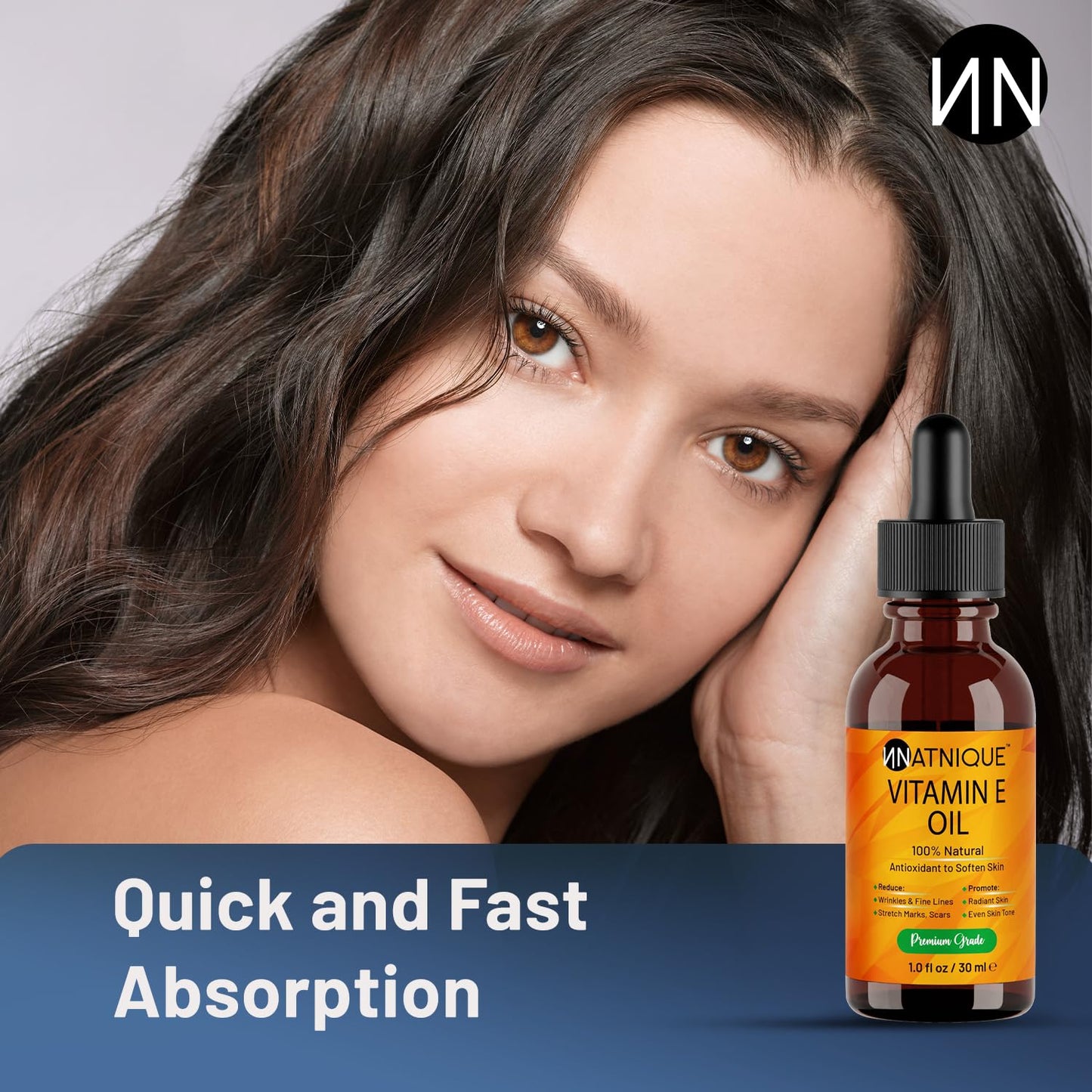 Natnique Vitamin E Oil 1 oz – Natural D-Alpha Tocopherol for Face, Skin, Hair & Nails – Pure, Non-GMO Moisturizer for Scars, Stretch Marks & Dry Skin – Cold-Pressed Carrier Oil for Body & Beauty Care