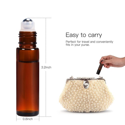 ULG Roll on Bottles 10ml Amber Glass Empty Bottles 8 Piece with Stainless Steel Roller Ball 2 Extra Balls 8 Piece Waterproof Labels 1 Opener and 3ml Dropper for Essential Oils
