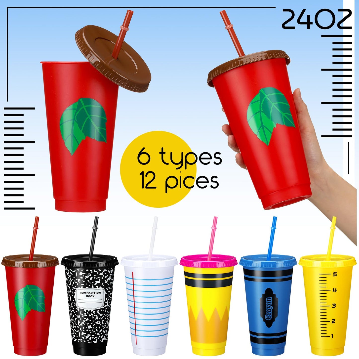 Rtteri 12 Pcs Back to School Reusable Plastic Coffee Cups in Bulk 24 oz Reusable Teacher Appreciation Cups Tumbler with Lids and Straws First Day of School Party Favors Gift for Classroom Supplies