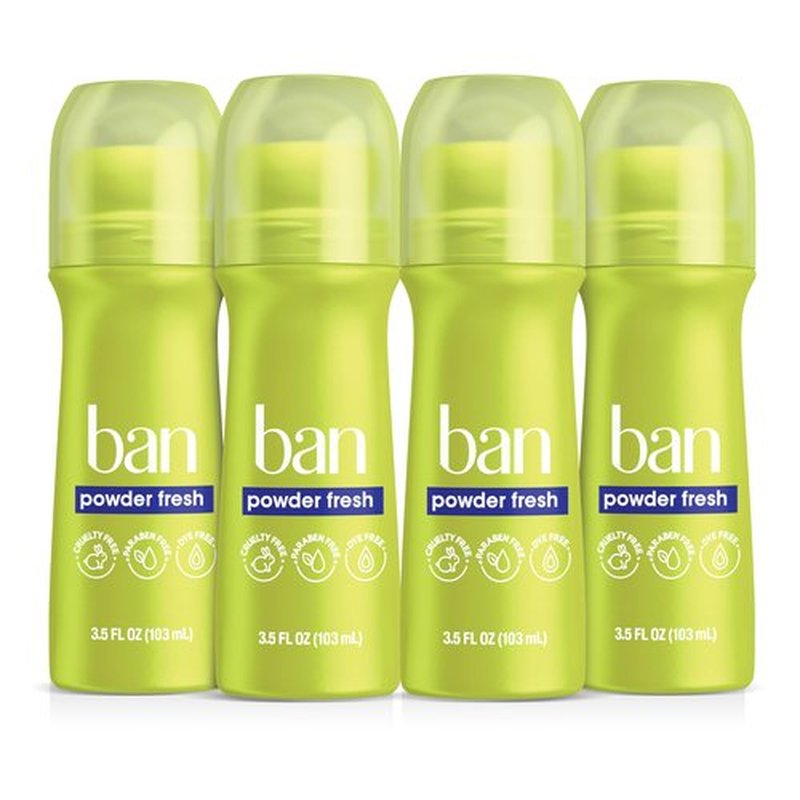 Ban Powder Fresh 24-hour Invisible Antiperspirant, Roll-on Deodorant for Women and Men, Underarm Wetness Protection, with Odor-fighting Ingredients, 3.5 Fl Oz (Pack of 4)