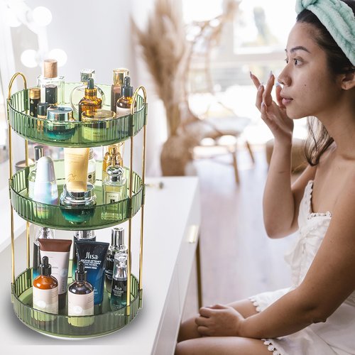 Zufudo Rotating Makeup Organizer 3 Tier Lazy Susan Trays Skincare Perfume Organizer for Bathroom Counter Vanity, Green Gold