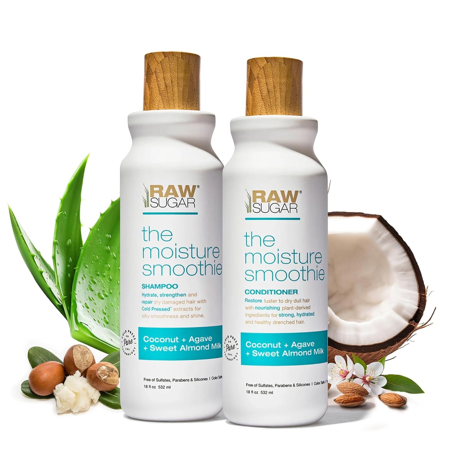 Raw Sugar Moisture Smoothie Shampoo and Conditioner Set, Moisturize & Nourish Dry Hair, Bulk Shampoo and Conditioner with Coconut Oil, Agave & Sweet Almond Oil, Formulated without Sulfates & Parabens