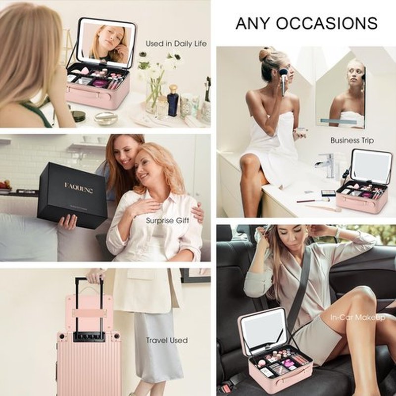 Faquenc Leather Makeup Case with LED Lighted Mirror 11.4 Inch Travel Makeup Bag Adjustable Brightness in 3 Colors Cosmetic Organizer Artist Storage Bag with Dividers Brush Holder Bag Present Box Pink