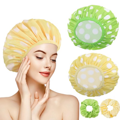 2 Sets Large Shower Caps for Women, Waterproof Shower Cap Double Layers Bath Caps Stocking Stuffers for Women Long Thick Hair (Cyan/Yellow)