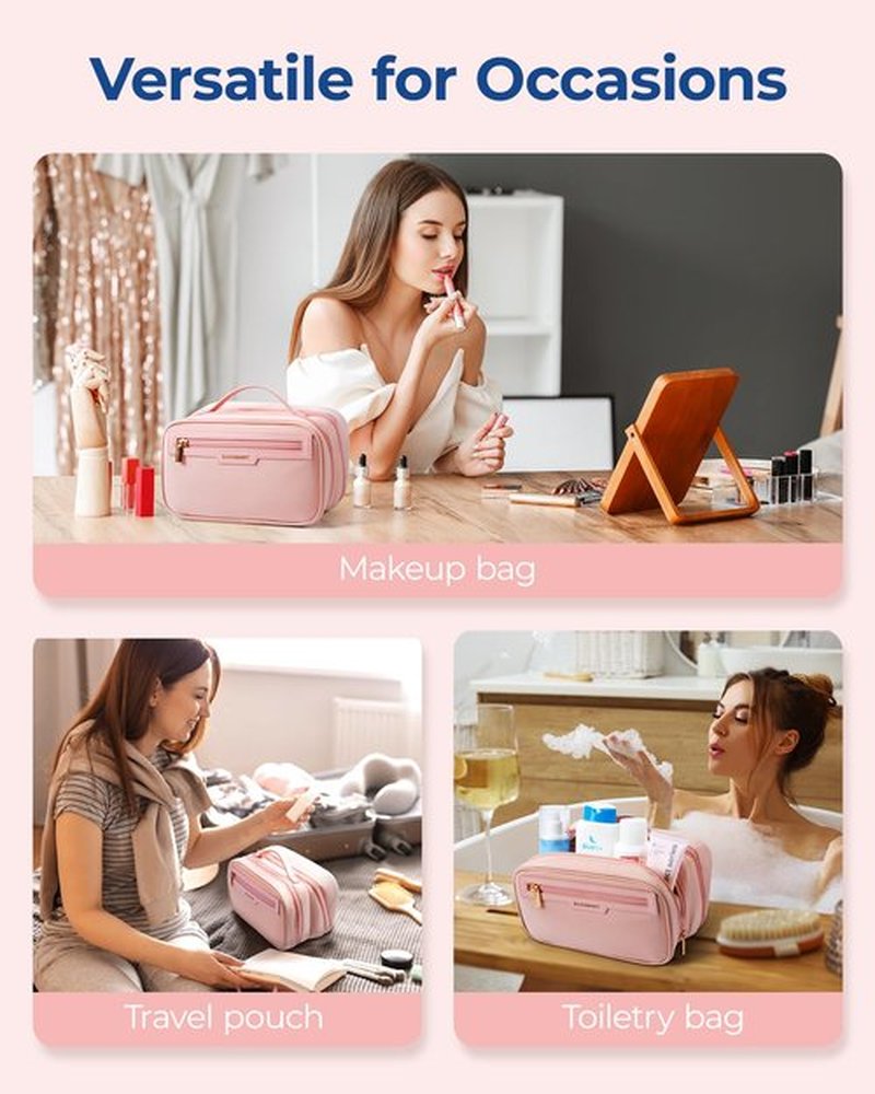 BAGSMART Travel Makeup Bag Large Capacity Cosmetic Bag, Wide-open Portable Make Up Bag Organizer for Women for Travel Essentials Travel-Size Toiletries Accessories Bottles, Brushes, Pink
