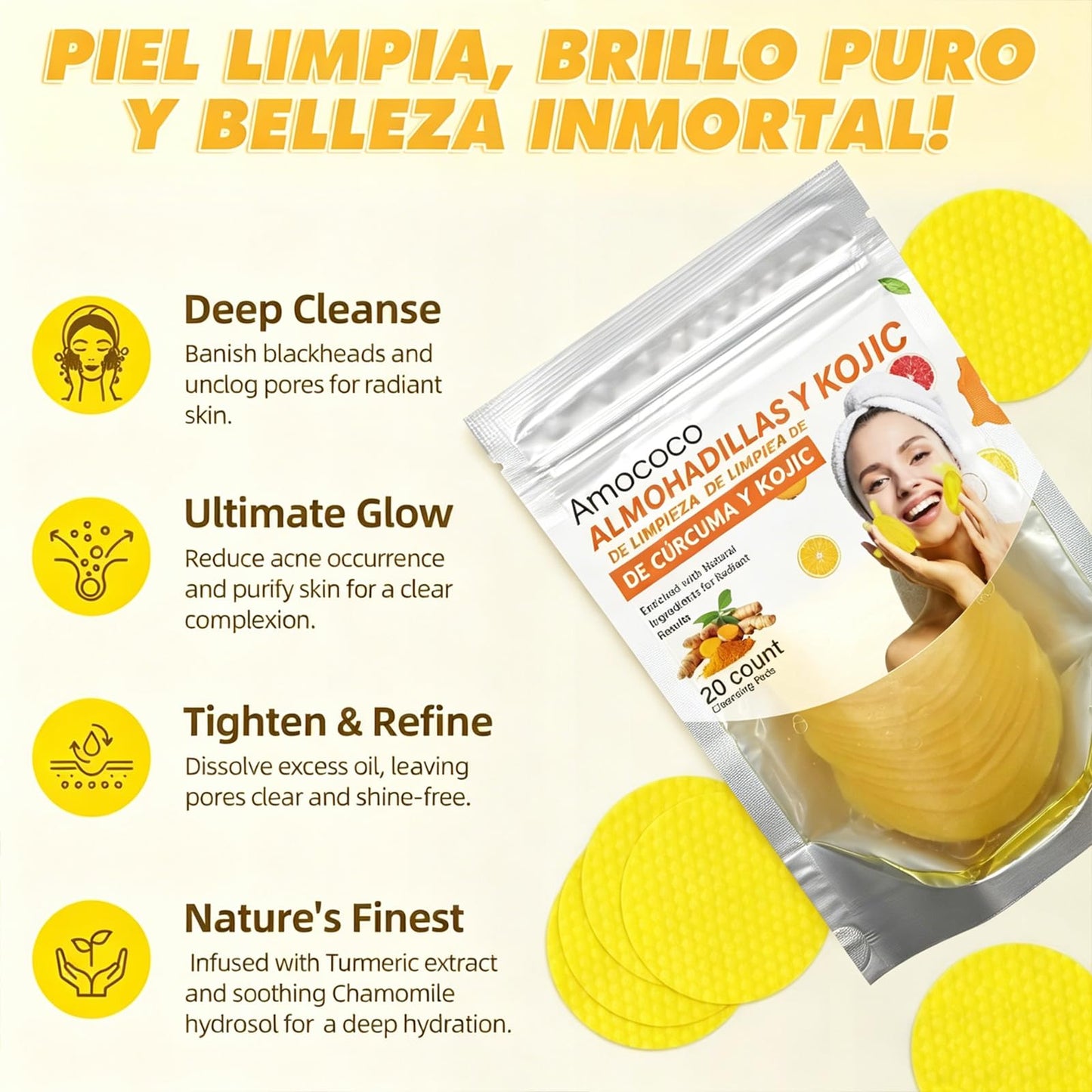 Amococo Turmeric & Kojic Acid Cleansing Pads, 20 Count, Chamomile for Dark Spots, Even Skin Tone, Gentle Daily Face Pads for Sensitive & Acne-Prone Skin