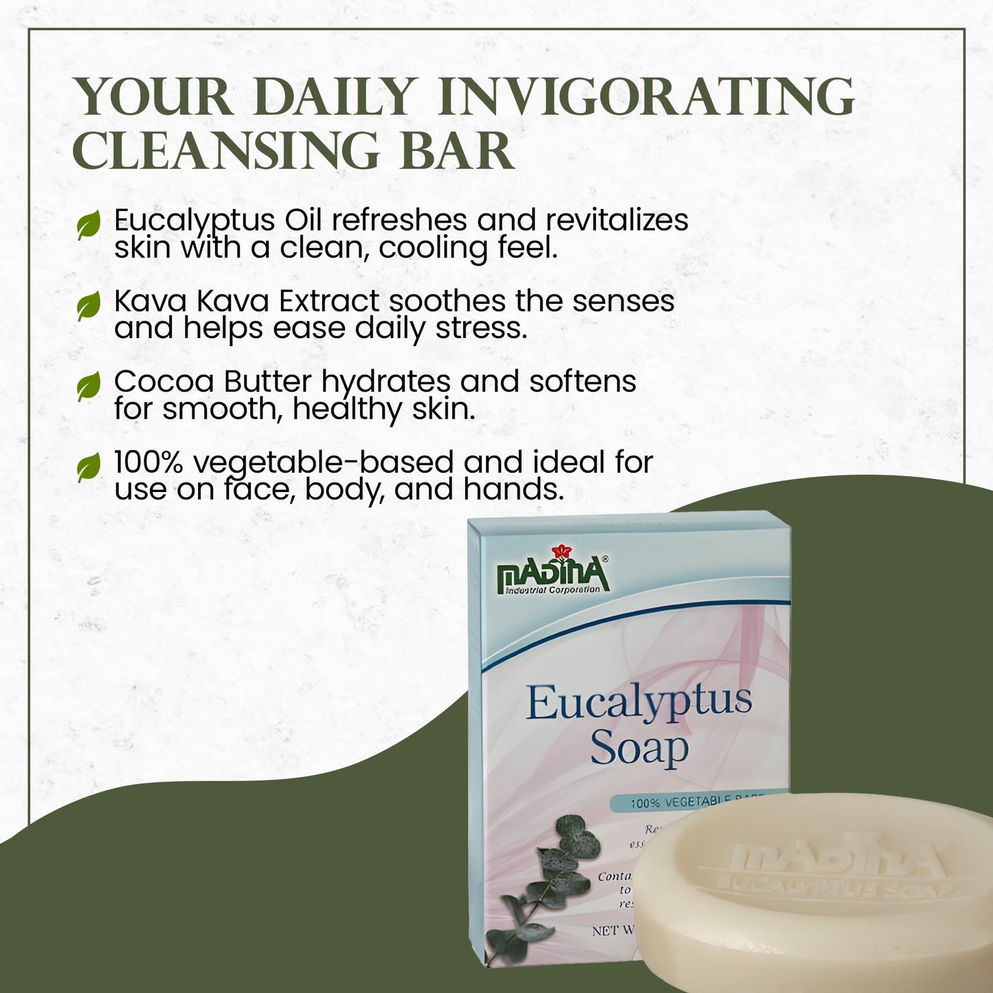 Madina Eucalyptus Soap Bar – Moisturizing, Invigorating, 100% Vegetable-Based, Cocoa Butter, Kava Kava Extract, Gentle Cleanser for Face & Body, 6 Pack (3.5 oz Each)