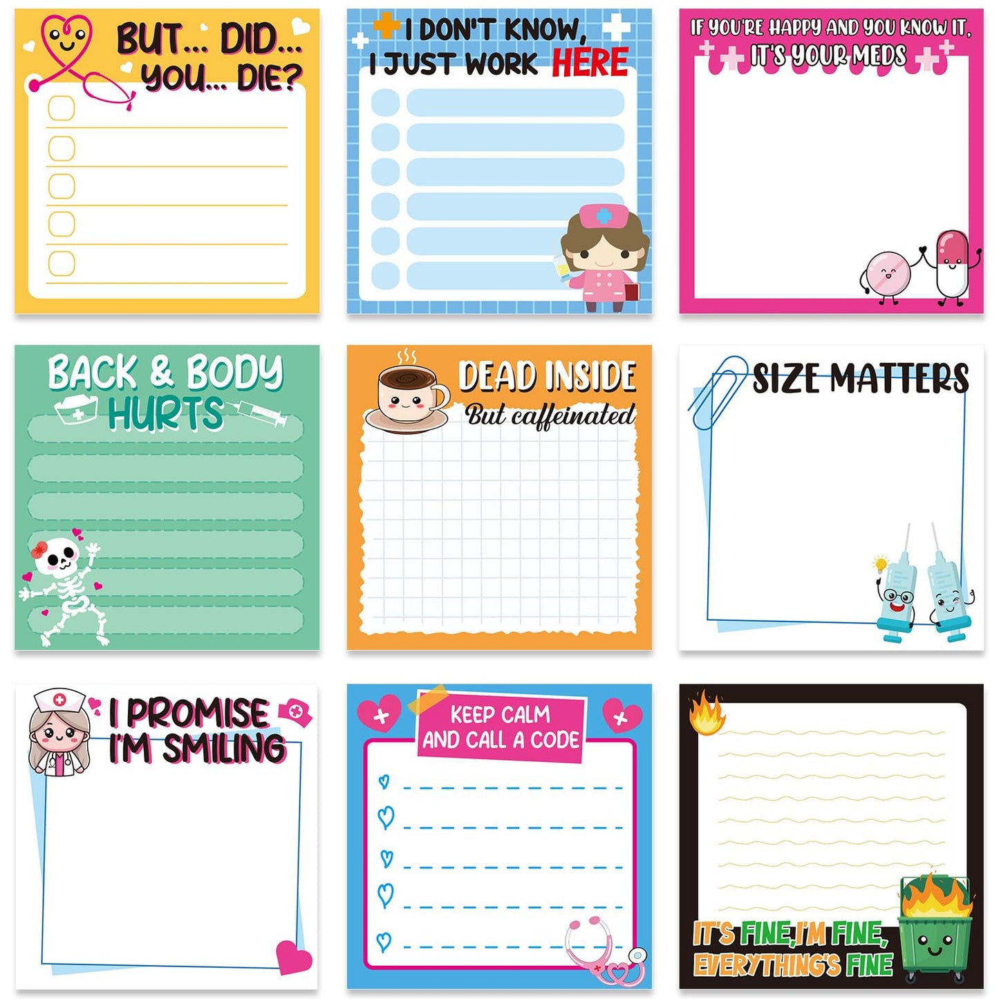 Lovarywow Funny Nurse Sticky Notes Gifts, 9 Pack Nursing Notepads 3x3 Inch, Fun Medical Self-Adhesive Memo Pads Work Gag Gifts for Hospital, Sarcastic Schedules Diary Office Supplies (450 Sheets)