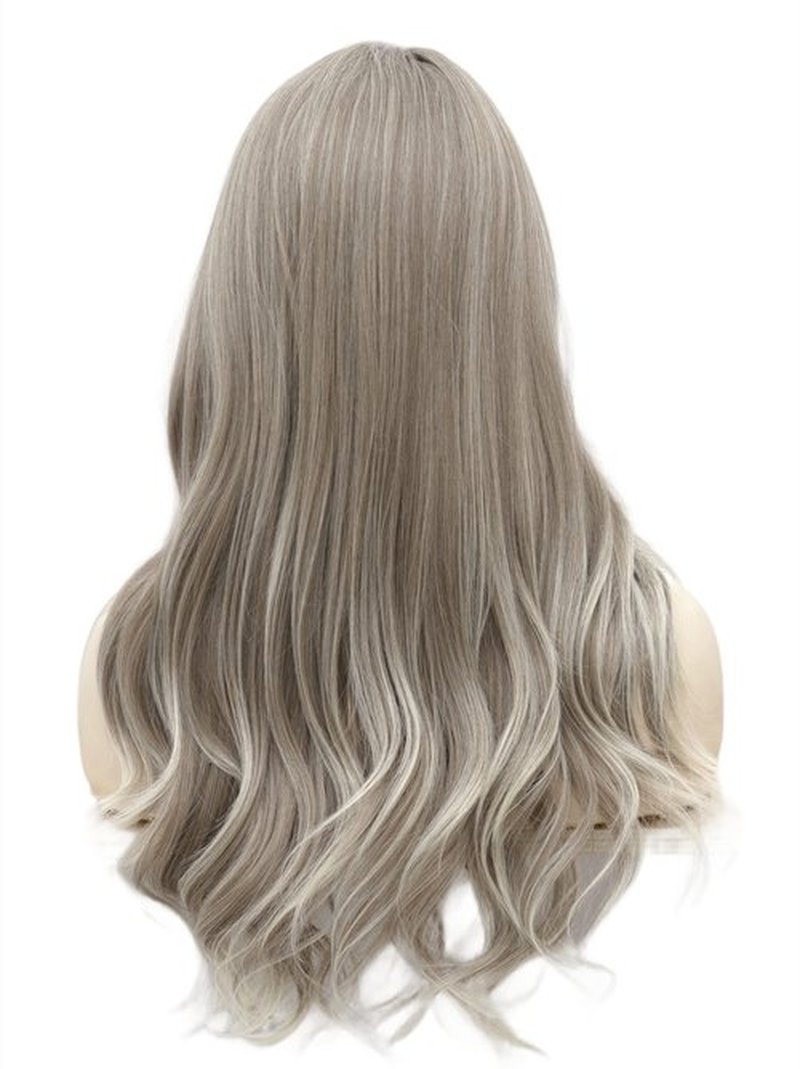 Rugelyss Ash Blonde Gray Long Wigs Heat Resistant Synthetic Cosplay Wavy Wigs with Bangs for Women